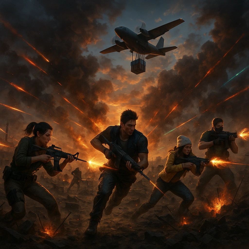 Escuadrón de Free Fire MAX en combate con armas automáticas mientras un avión de suministros sobrevuela entre explosiones.