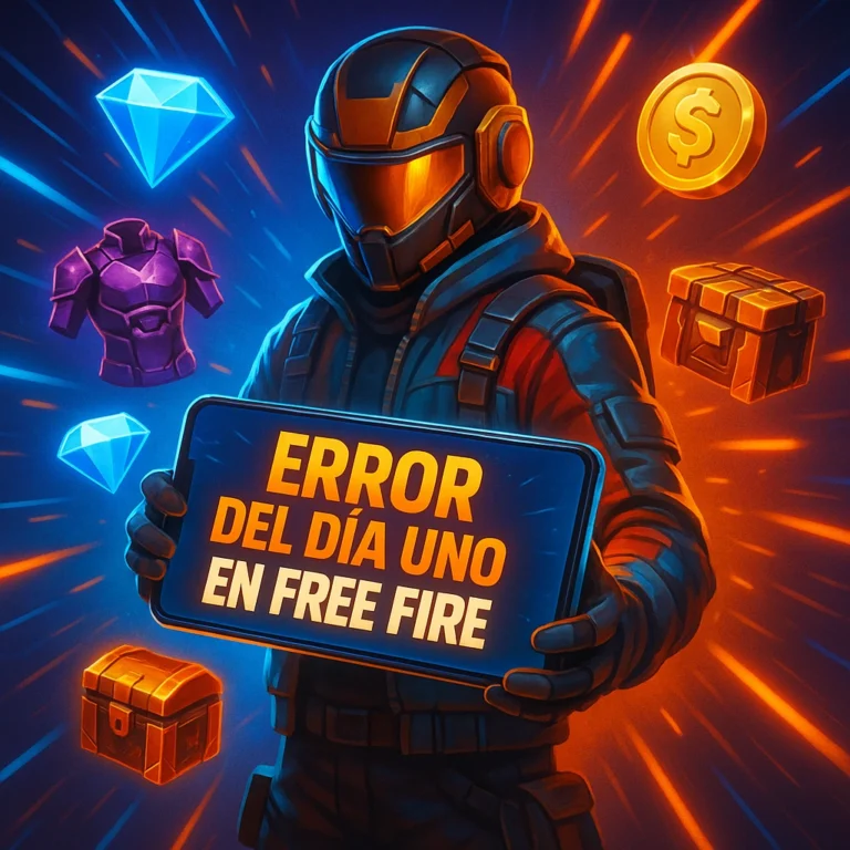 Jugador de Free Fire canjeando códigos en reward.ff.garena.com con iconos de diamantes y skins — evita el Error del Día Uno.
