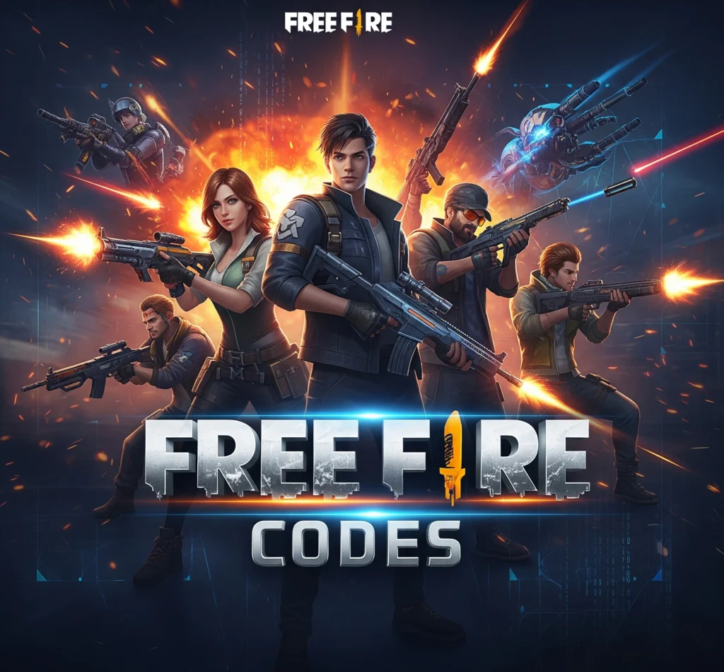 Personajes armados de Free Fire MAX en batalla con explosiones, imagen promocional de códigos gratis 2025.
