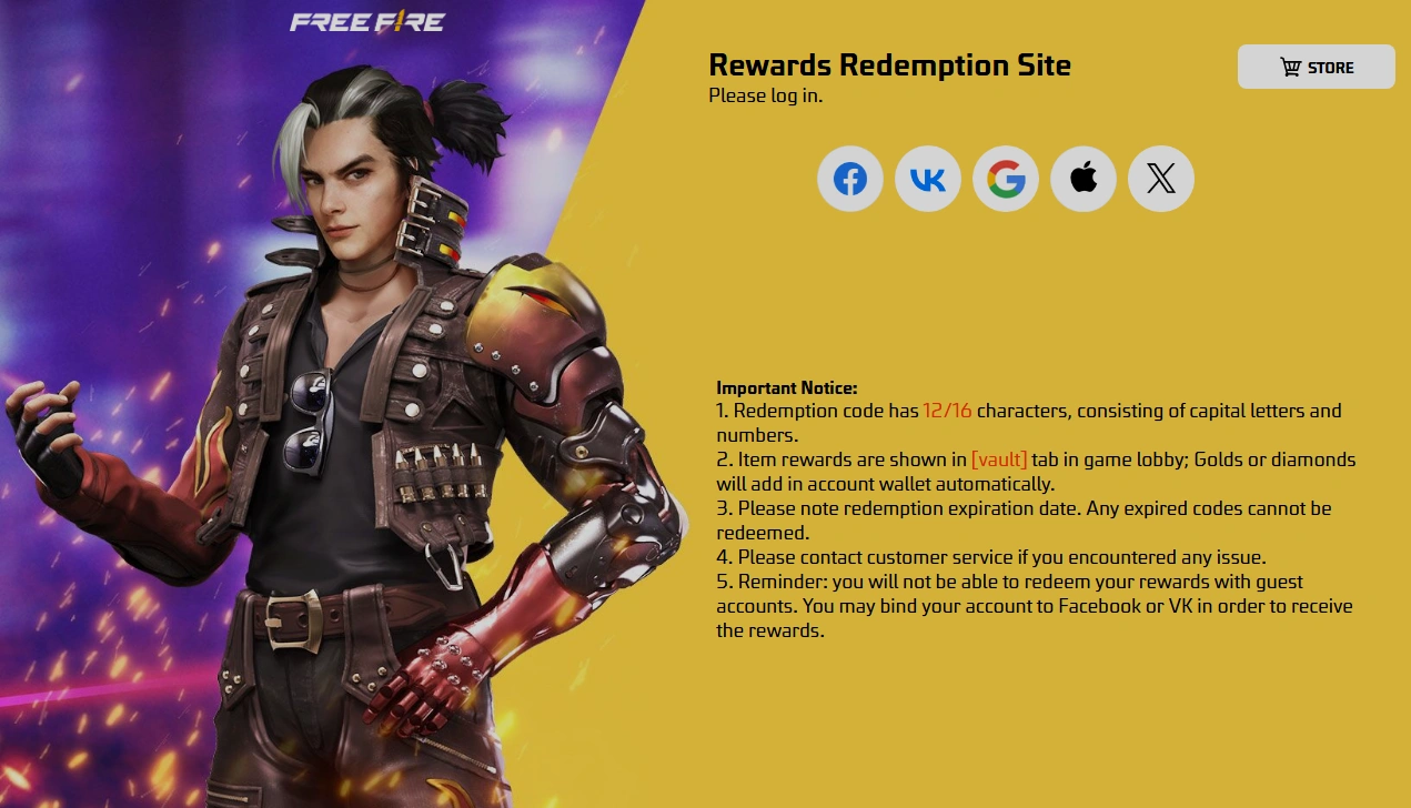 Pantalla oficial de Free Fire Rewards Redemption Site con personaje y opciones de inicio de sesión (Facebook, Google, Apple, VK, X)