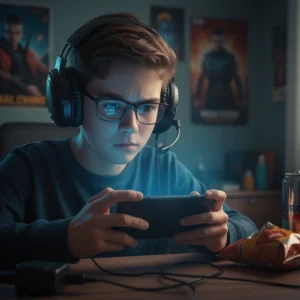 Jugador concentrado entrenando su puntería en Free Fire en un entorno con luces de neón