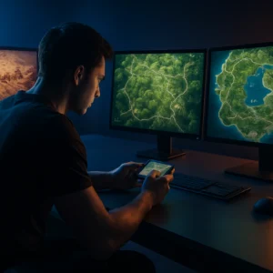 Jugador analizando estrategias de posicionamiento en tres mapas de Free Fire con iluminación azul y naranja.
