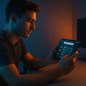Jugador móvil consultando un sitio oficial de recompensas de Free Fire con iluminación esports azul y naranja.