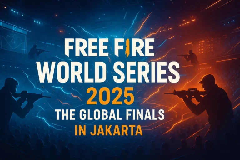 Escena del torneo Free Fire World Series 2025 con iluminación azul y ambiente competitivo en Yakarta