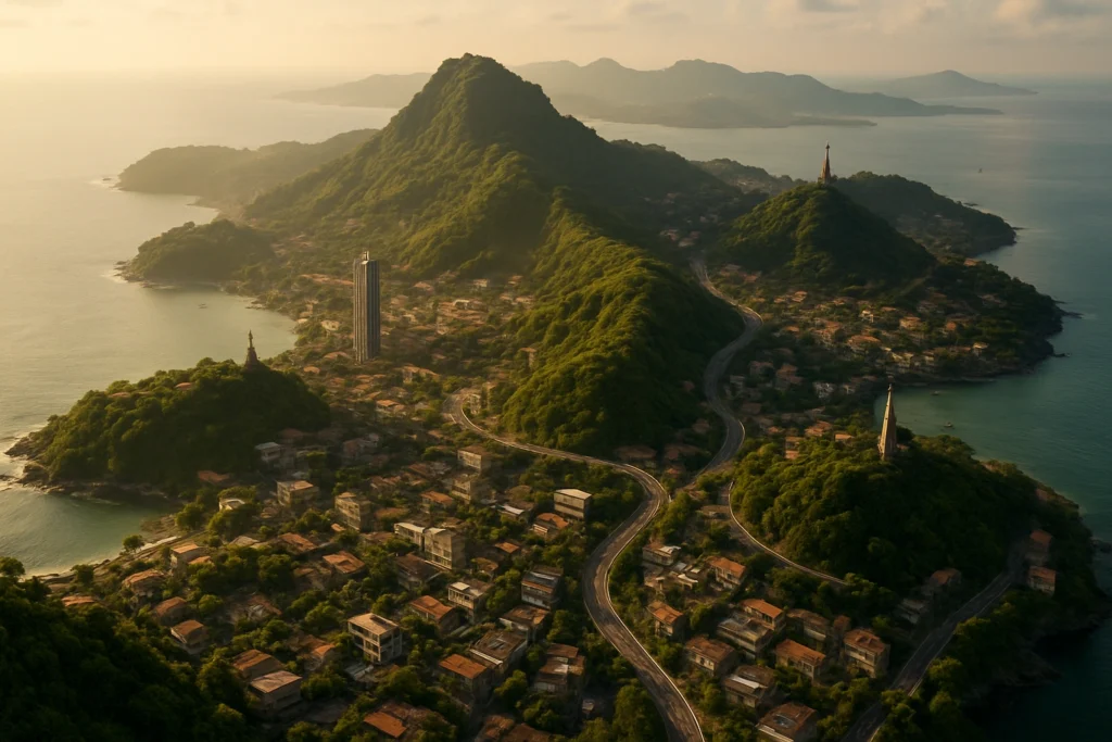 Vista aérea de un mapa tropical con colinas y rutas seguras para rotar en Bermuda.