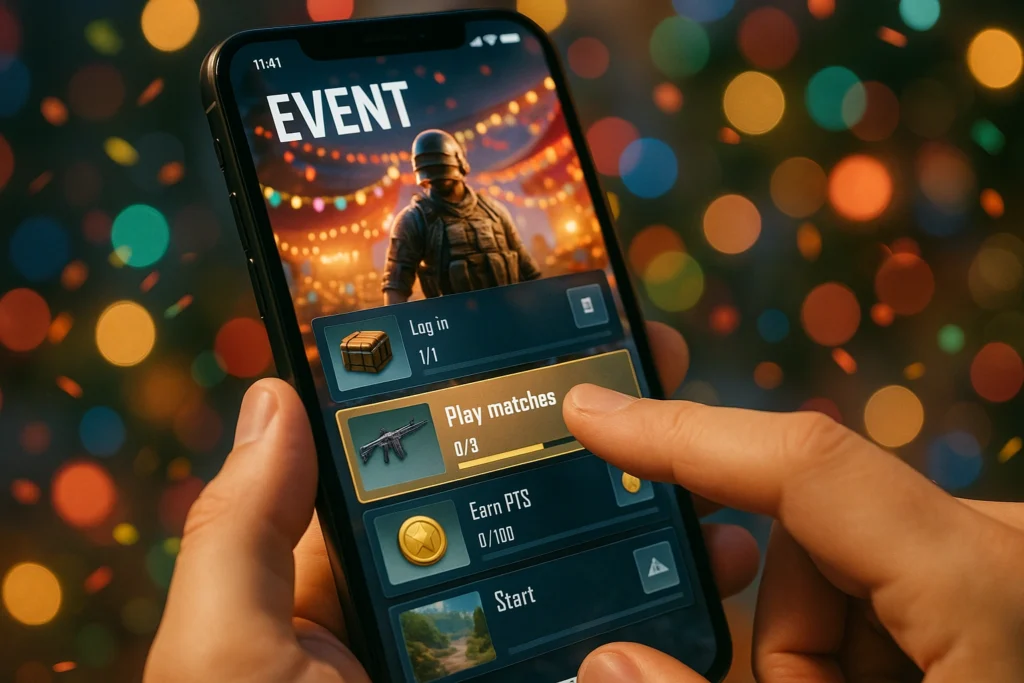Mano usando el hub de eventos del juego para reclamar recompensas en Free Fire.