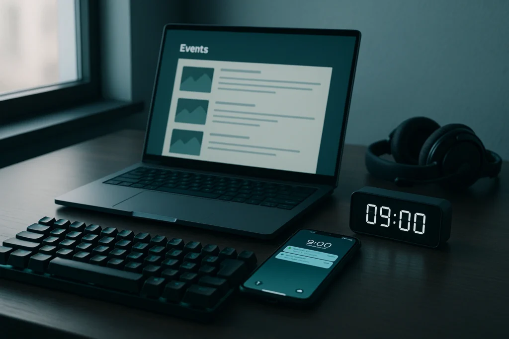 Escritorio gamer con móvil y portátil listos para revisar códigos y eventos.