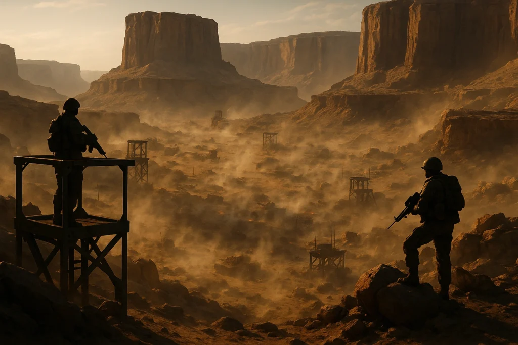 Paisaje desértico con mesetas y estructuras que favorecen la verticalidad en Kalahari.