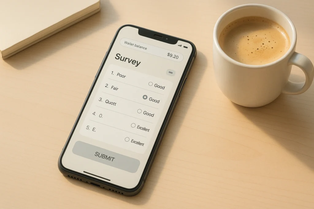 Teléfono con encuestas y saldo digital para canjear por diamantes en Free Fire.
