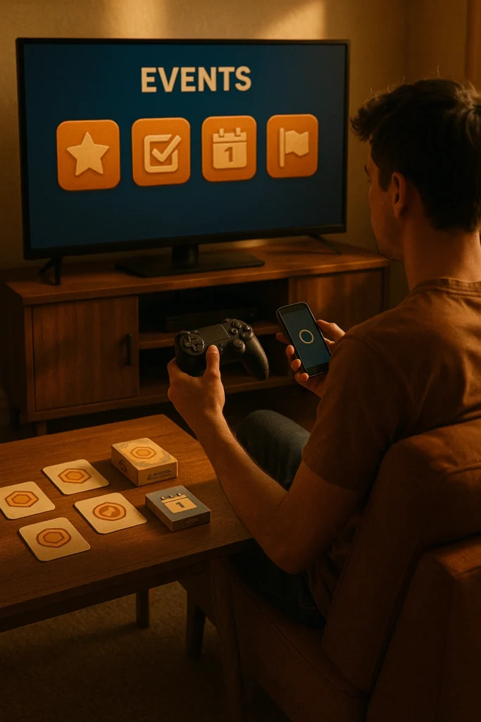 Escena fotorrealista de una rutina disciplinada para conseguir skins gratis con códigos verificados y eventos. Comunica orden, constancia y rapidez sin marcas ni texto.