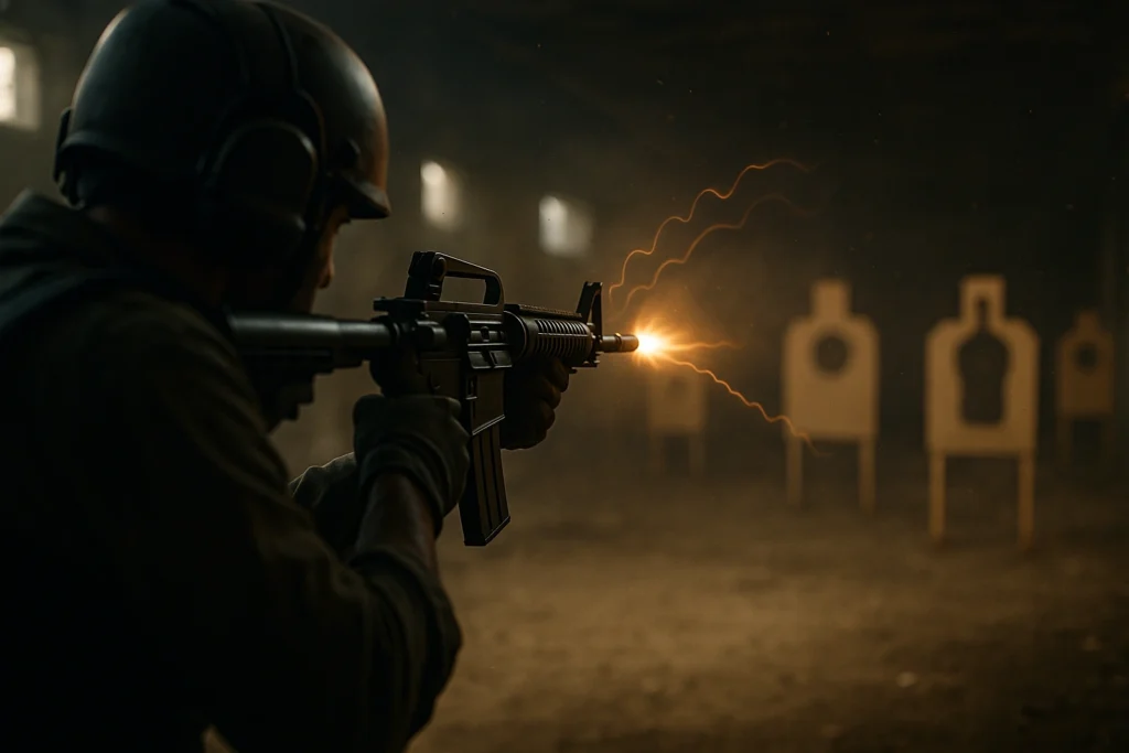 Jugador practicando el control del recoil en un campo de entrenamiento de Free Fire con disparos precisos.