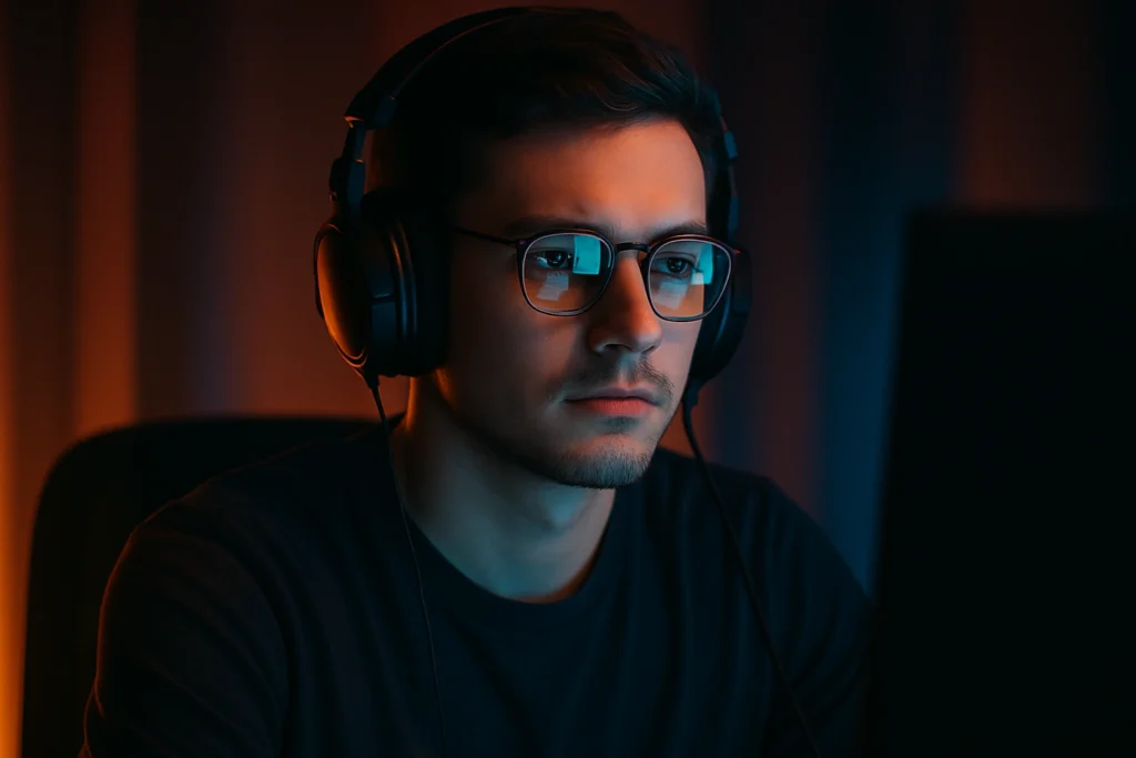Jugador competitivo de Free Fire manteniendo el enfoque y la calma frente a la pantalla durante su entrenamiento diario.