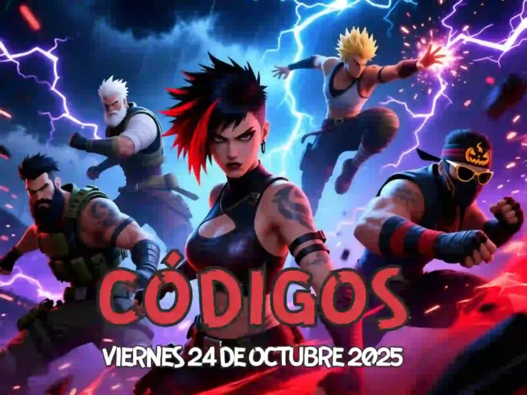 Grupo de personajes de Free Fire, incluyendo una mujer con pelo rojo y negro en el centro, rodeados de rayos y energía, con otros cinco personajes masculinos en segundo plano.