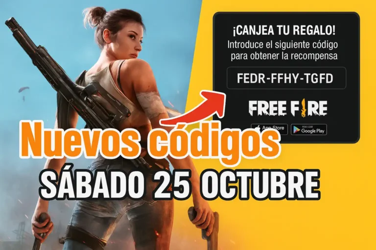 Personaje femenino de Free Fire con rifle en el hombro y texto 'Nuevos códigos Sábado 25 OCTUBRE', junto a un recuadro de canje de códigos.