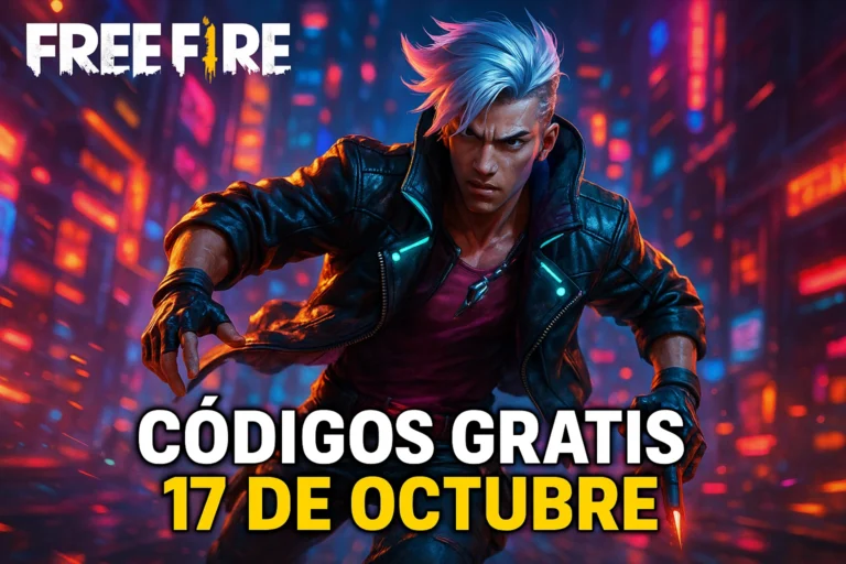 Personaje futurista de Free Fire con fondo de ciudad neón y texto que dice “Códigos Gratis 17 de Octubre”.