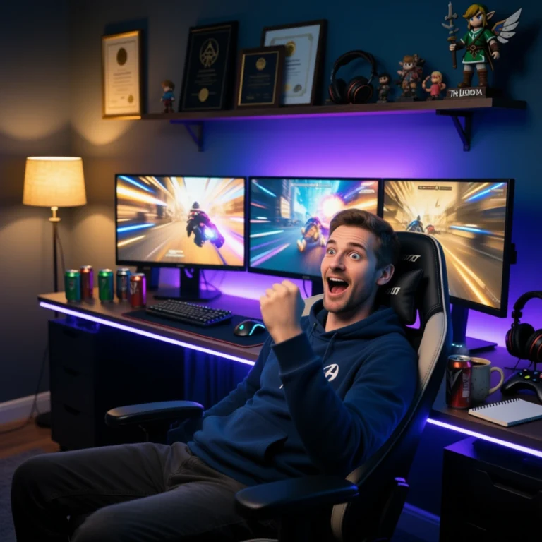 Jugador celebrando con setup RGB y monitores de juego
