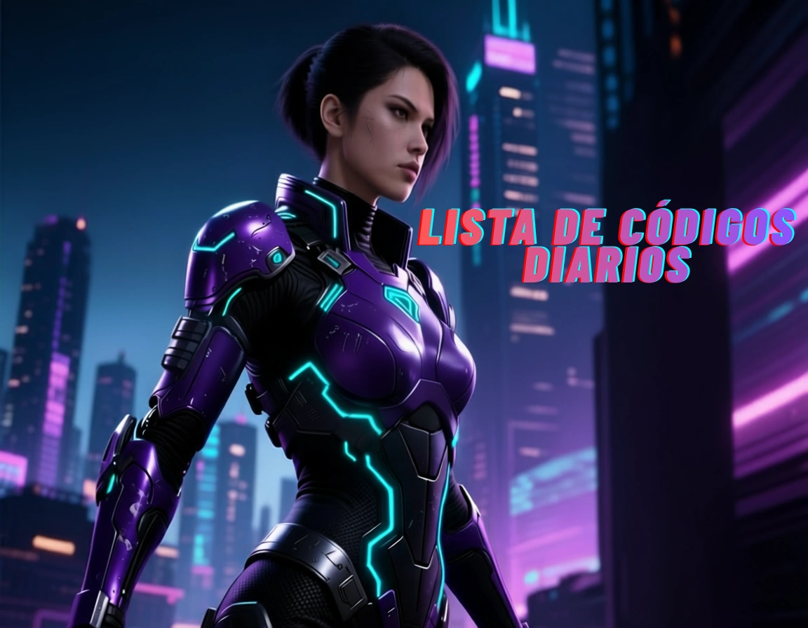 Guerrera futurista con armadura púrpura en ciudad neon representando Lista de Códigos Diarios de Free Fire