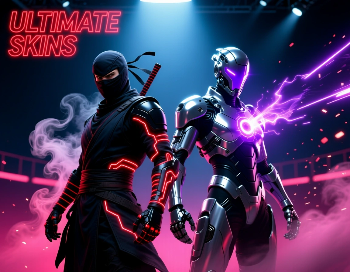 Dúo de personajes futuristas Free Fire: ninja con energía roja y robot con rayos violeta