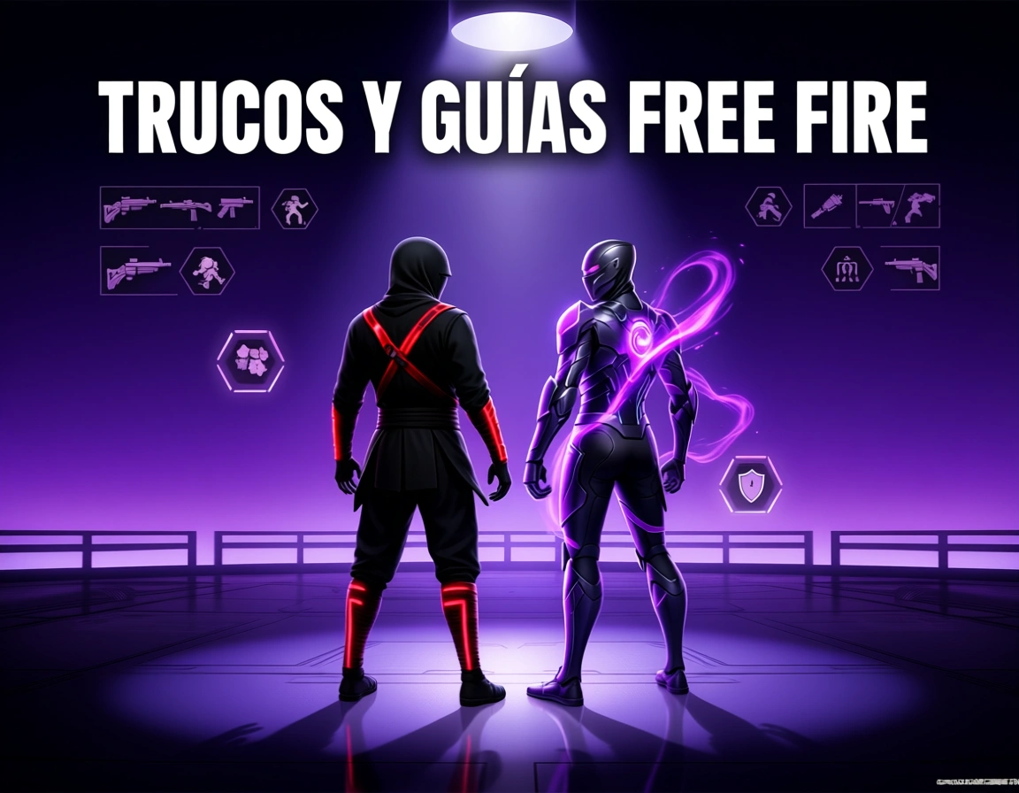 Jugadores tácticos analizando iconos de estrategia y armas en fondo violeta de Free Fire