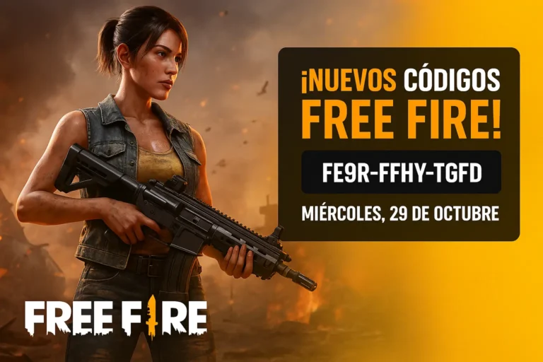 Jugadora de Free Fire sosteniendo un arma con fondo de batalla y texto “Nuevos códigos Free Fire – Miercoles 29 de octubre ".