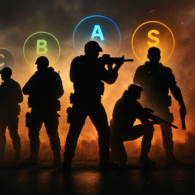 Montaje estilizado de cinco siluetas de personajes tipo shooter con halos de color (oro, azul, verde, gris) que indican tiers S/A/B/C sobre un fondo de batalla épico.