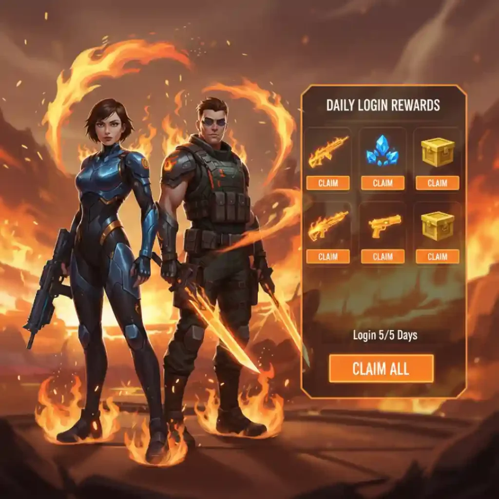 Pantalla de recompensas por inicio de sesión del evento Flame Arena.