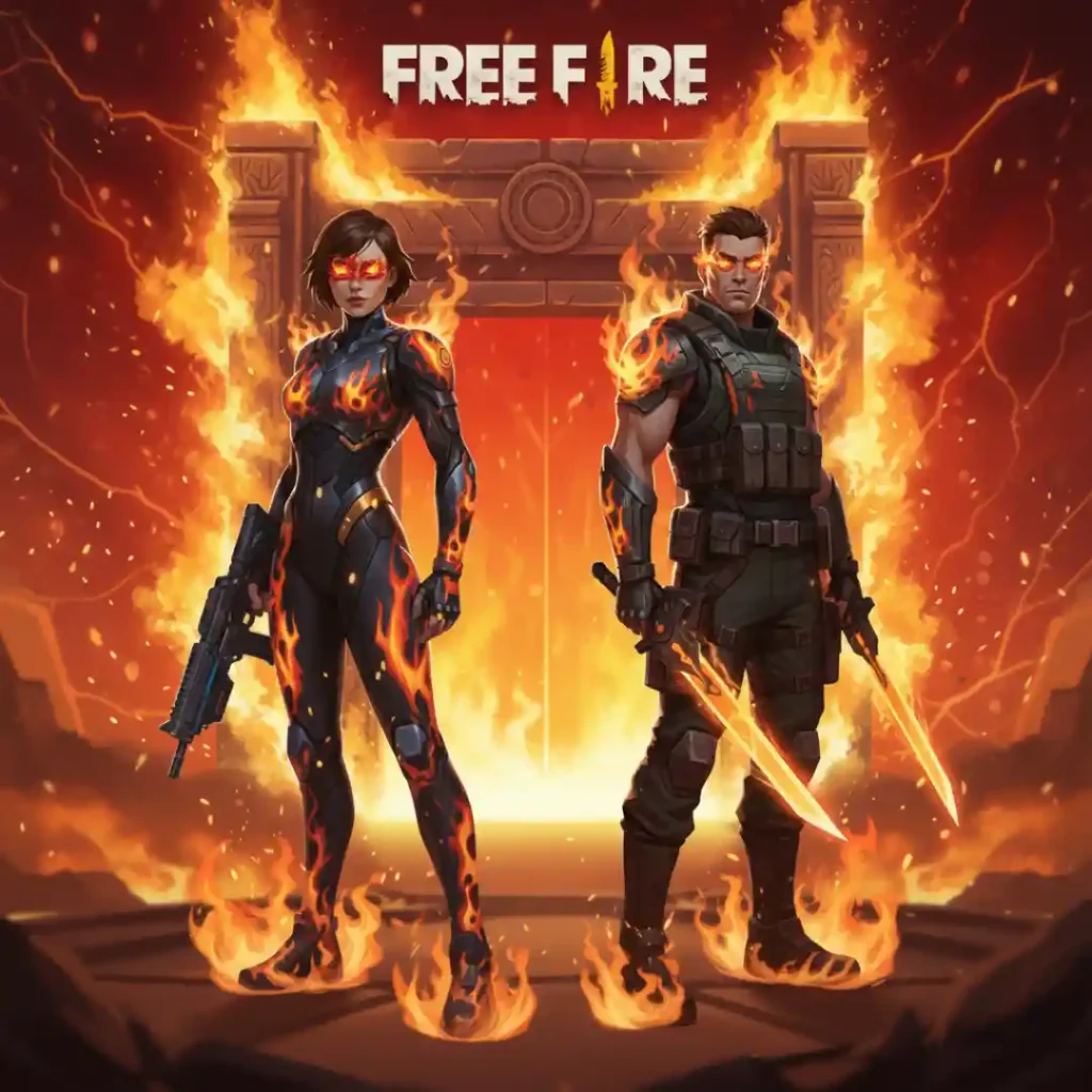 Banner de personajes temáticos de Fuego para el evento Flame Arena.