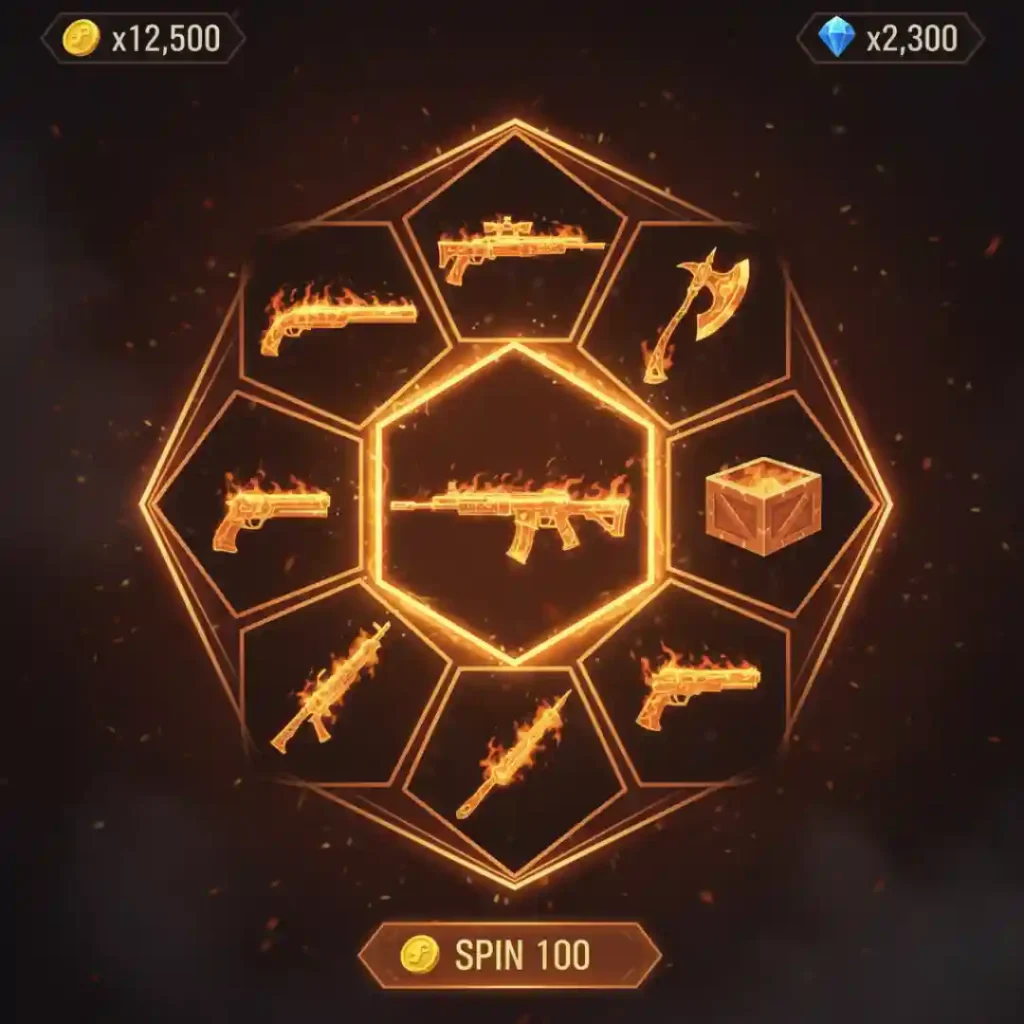 Ruleta de recompensas estilo Hyperbook con skins temáticas de fuego.