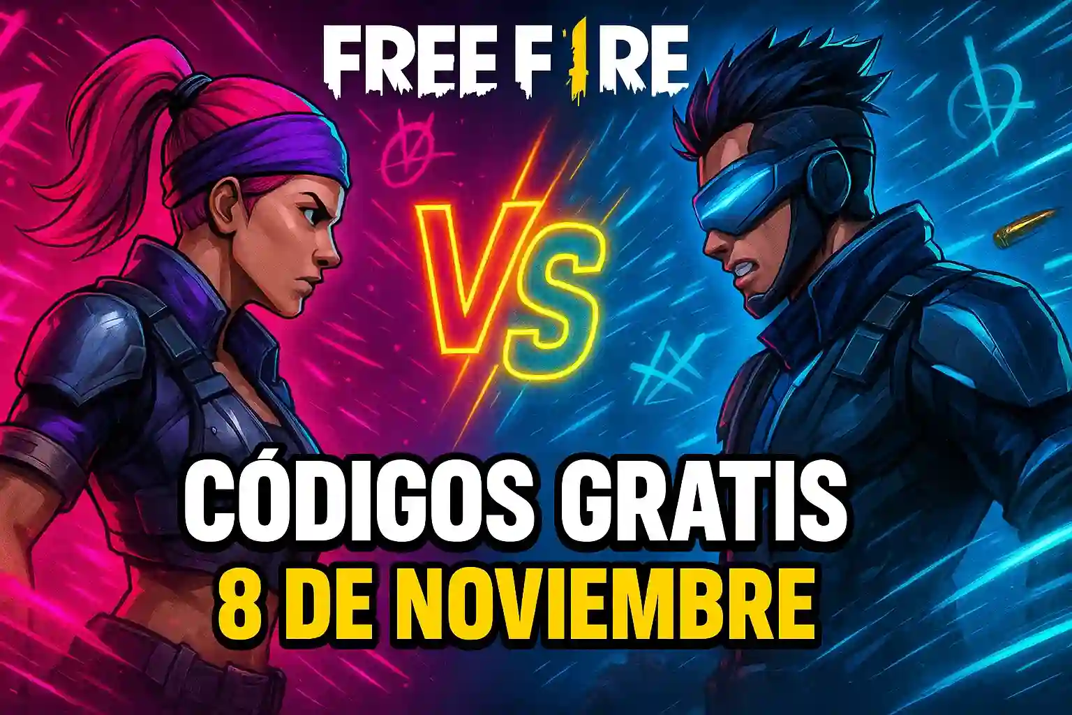 Banner de Free Fire con personajes y texto que anuncia códigos gratis del 8 de noviembre.