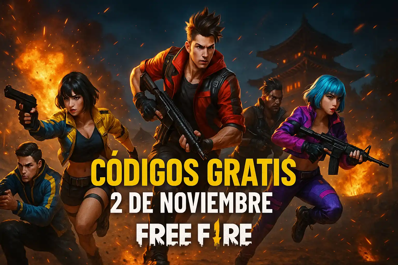 Promoción de Free Fire con personajes en combate y texto “Códigos gratis 2 de noviembre”.