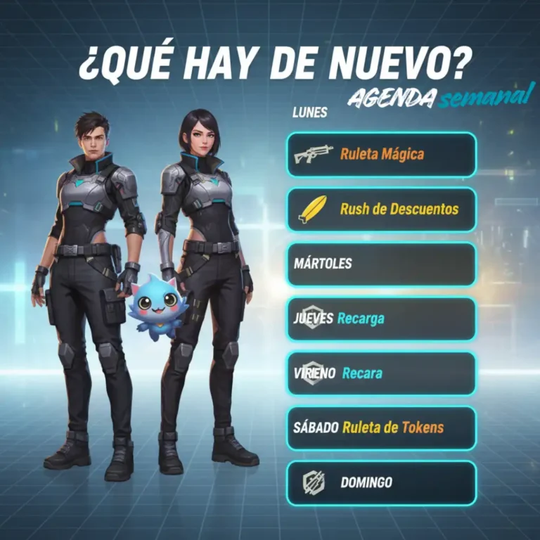 Agenda semanal de evento móvil con paneles diarios, personajes estilo anime y recompensas temáticas mostradas en un diseño azul futurista.