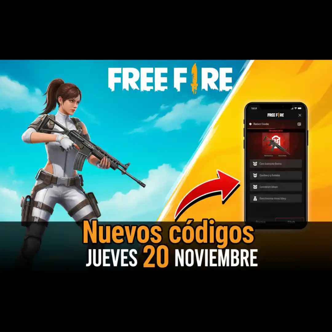 Banner Free Fire con códigos gratis del 20 noviembre 2025, personaje femenino con arma y mockup smartphone redención