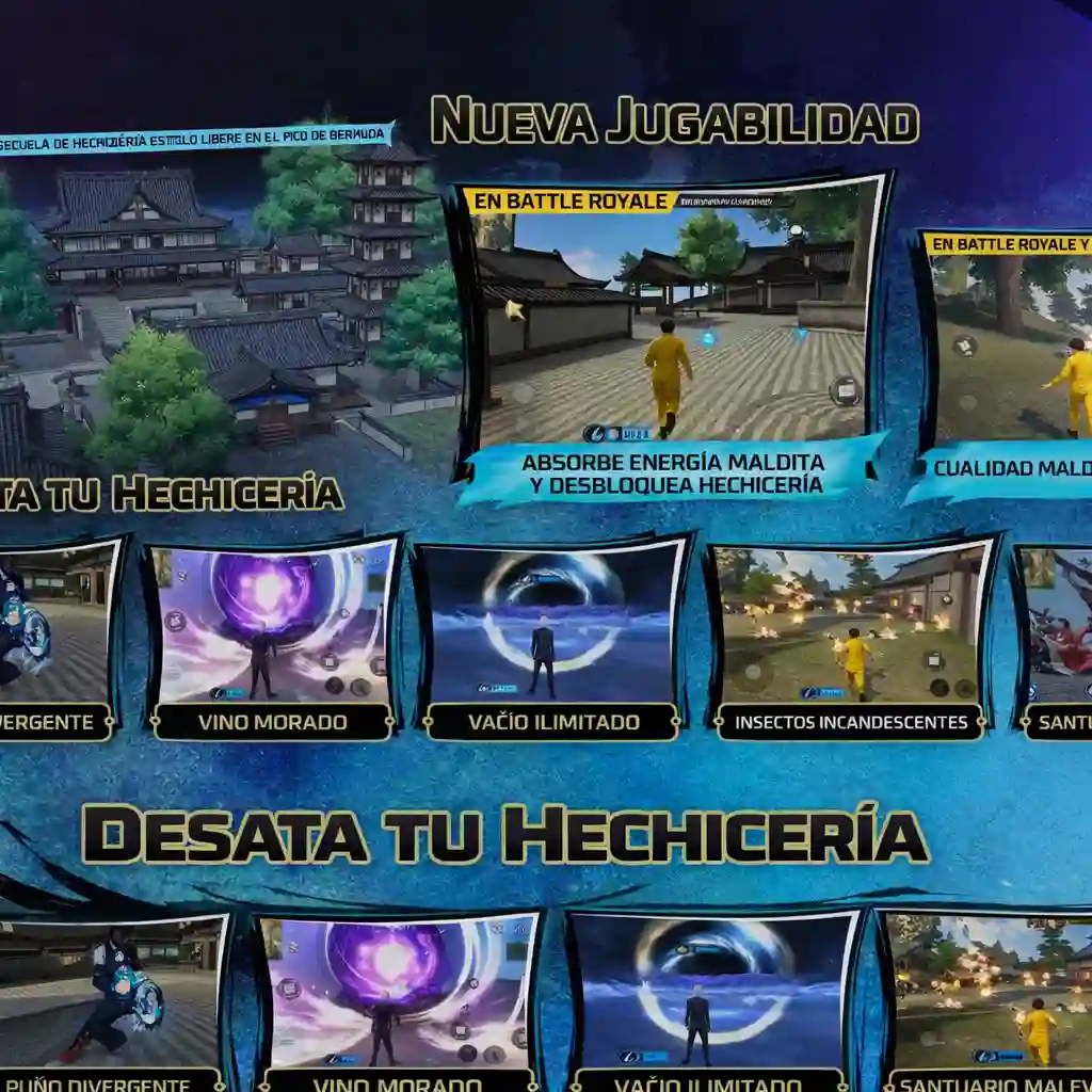 Pantalla promocional de Free Fire con “Nueva jugabilidad” y “Desata tu hechicería”, mostrando habilidades y escenas de combate.