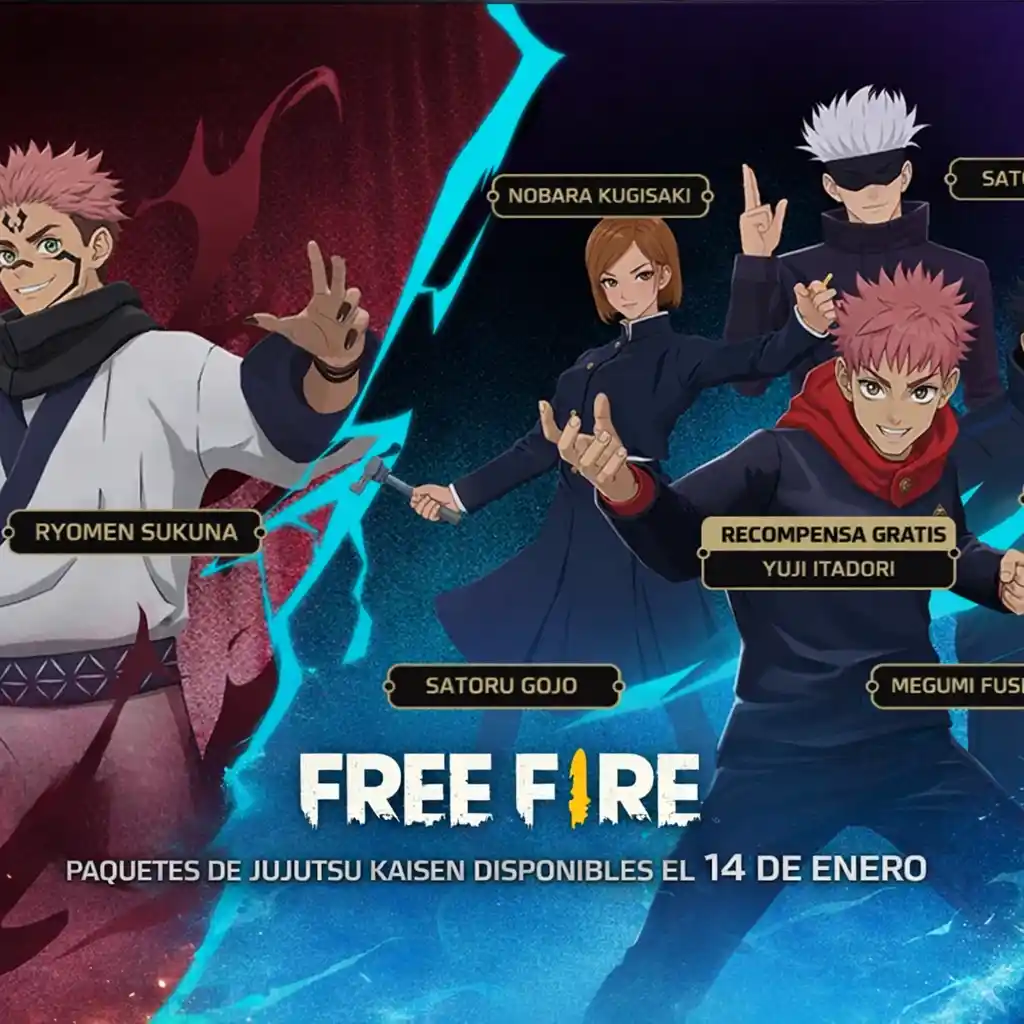 Ilustración de Free Fire x Jujutsu Kaisen con Yuji Itadori (recompensa gratis), Gojo, Nobara, Megumi y Sukuna, y texto “disponibles el 14 de enero”.