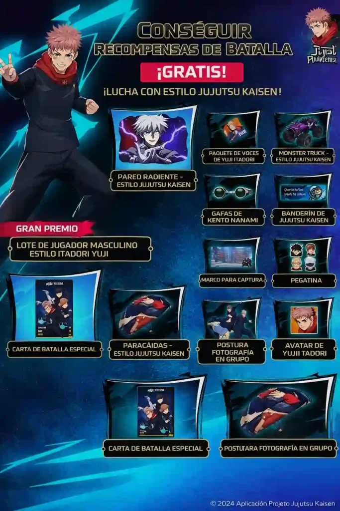 Pantalla de recompensas del evento con el texto “Conseguir recompensas de batalla ¡Gratis!” y varios ítems temáticos de Jujutsu Kaisen, con Yuji a la izquierda.