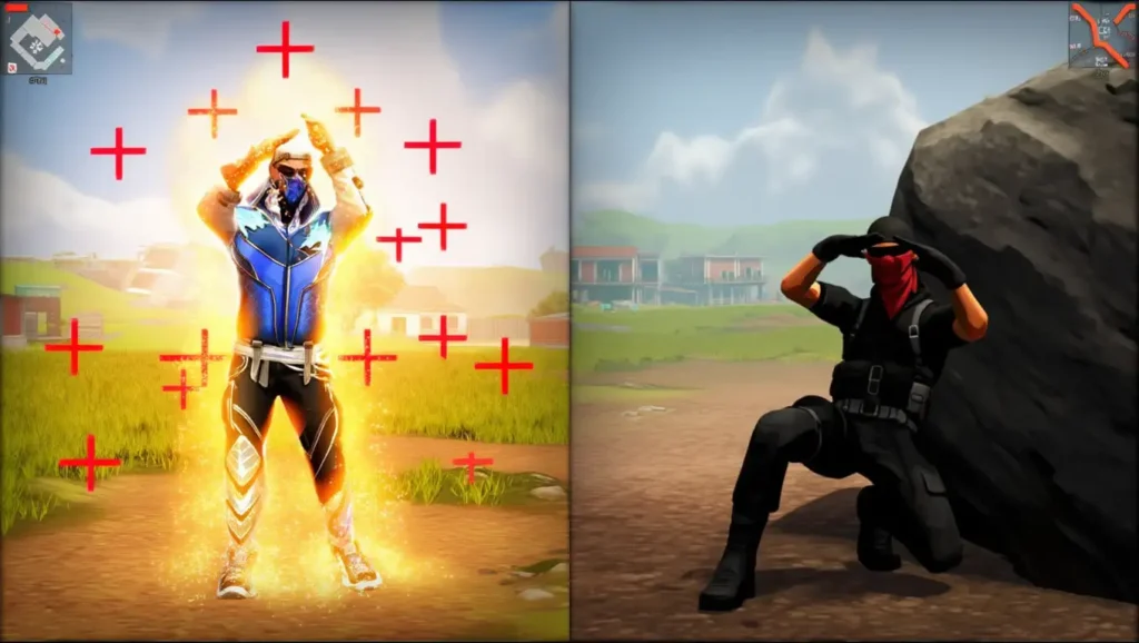 Comparativa de emotes en Free Fire: personaje brillante haciendo emote vs jugador agachado cubriéndose detrás de una roca.