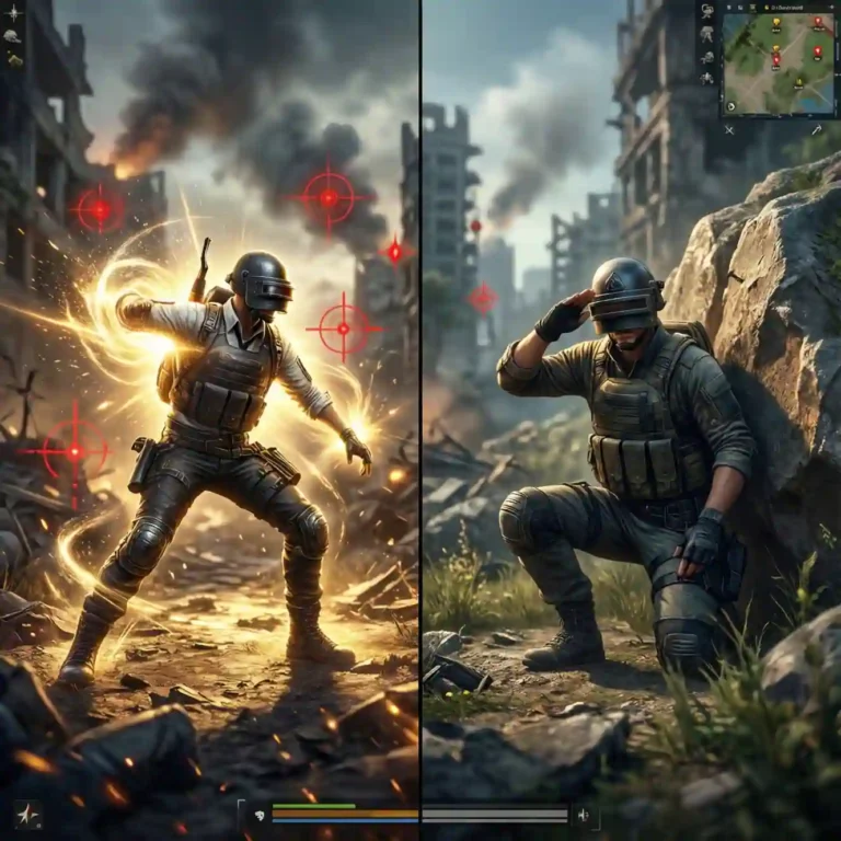 Personaje de Free Fire usando un emote en medio de una zona de combate, comparado con otro jugador en posición defensiva dentro de un escenario de guerra.