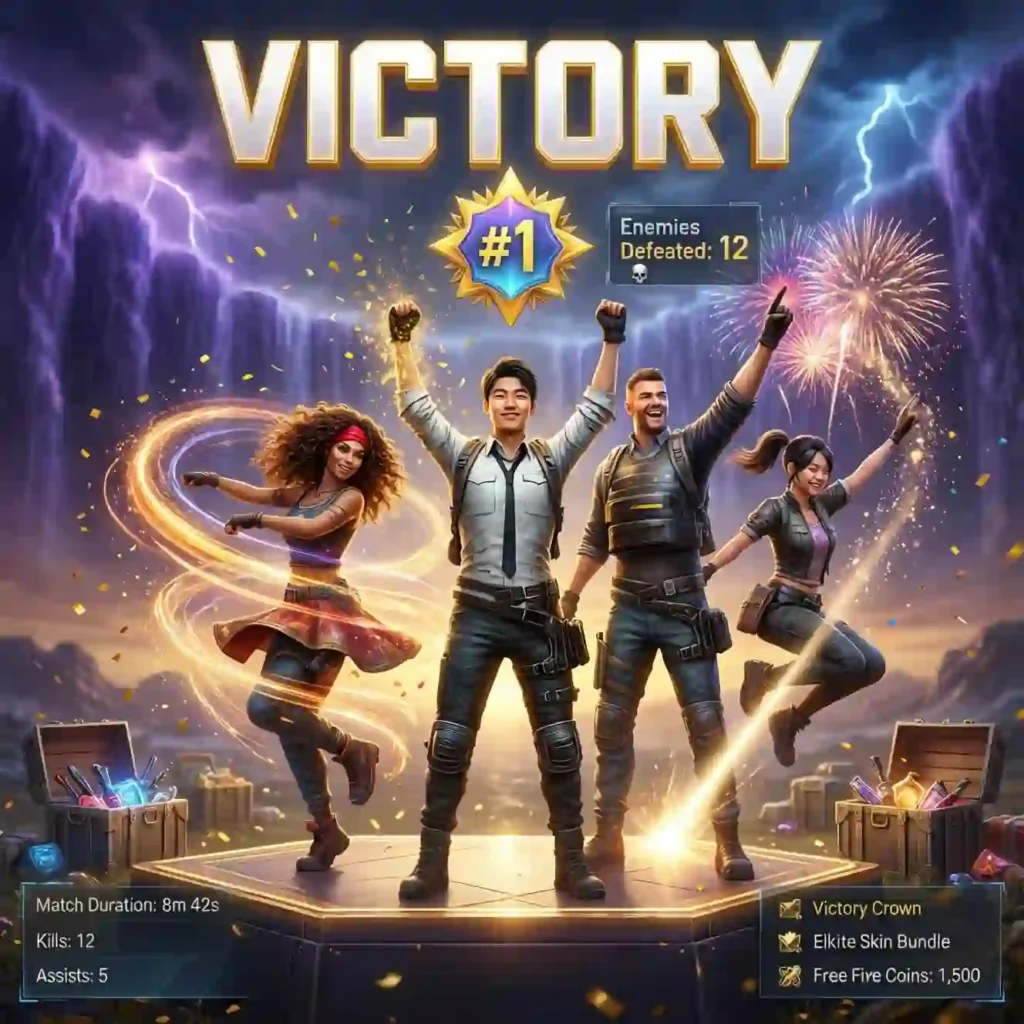 Pantalla de victoria en Free Fire con equipo celebrando, fuegos artificiales y marcador de #1 con 12 eliminaciones.