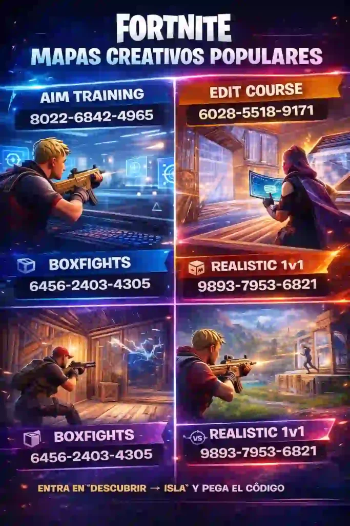 Collage de mapas creativos de Fortnite con códigos: Aim Training (8022-6842-4965), Edit Course (6028-5518-9171), Boxfights (6456-2403-4305) y Realistic 1v1 (9893-7953-6821).