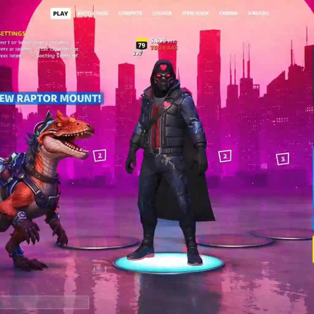 Lobby de Fortnite Capítulo 4 Temporada 1 con personaje en el centro y menú “Play” sobre fondo neón rosa.