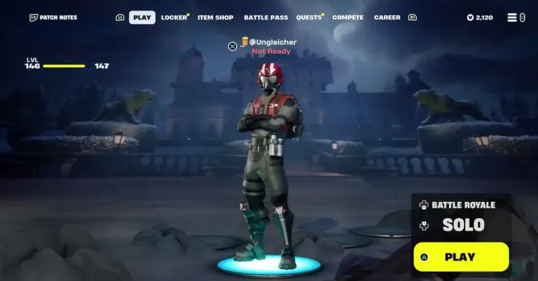 Lobby de Fortnite con personaje en el centro y selección de Battle Royale en modo Solo con botón JUGAR.