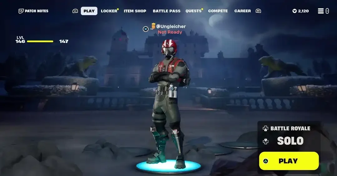 Lobby de Fortnite con personaje en el centro y selección de Battle Royale en modo Solo con botón JUGAR.