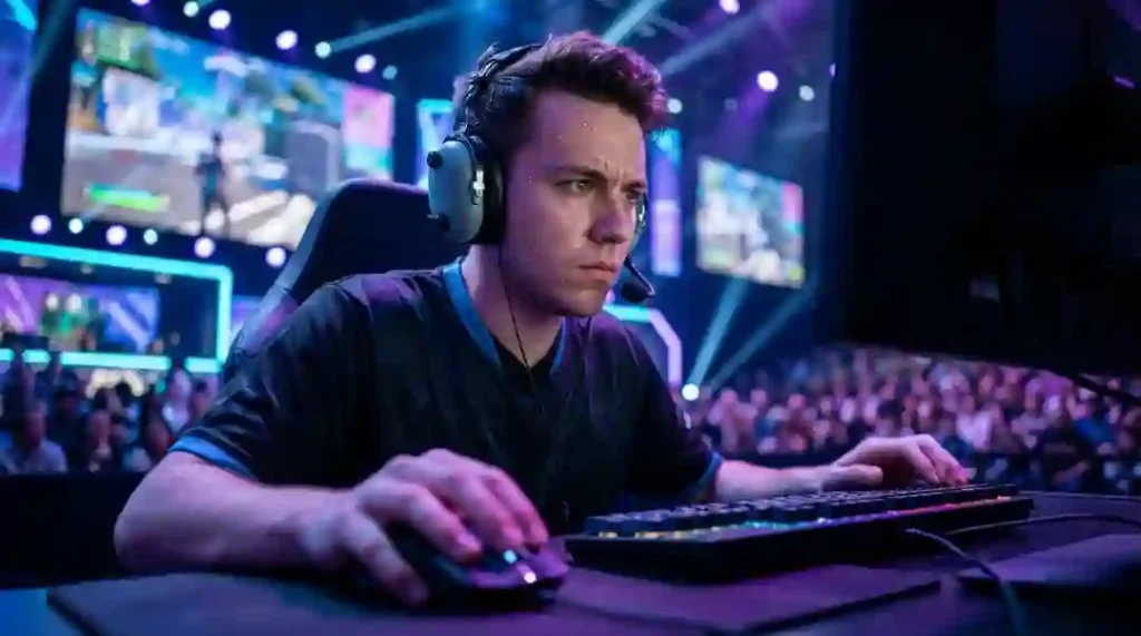 Jugador profesional de Fortnite concentrado durante un torneo de esports, compitiendo en escenario con luces y pantallas.