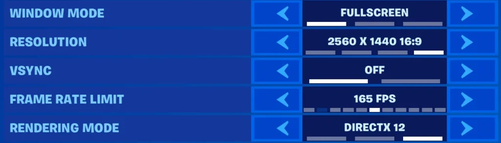 Menú de ajustes gráficos de Fortnite con configuración recomendada para más FPS.