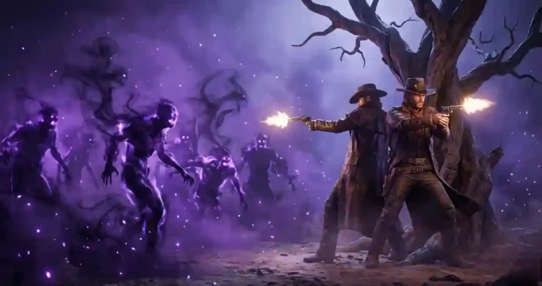 Arte cinemático 3D estilo videojuego: dos luchadores tipo western combaten una horda de sombras con brillo morado, con niebla púrpura y destello de disparo.
