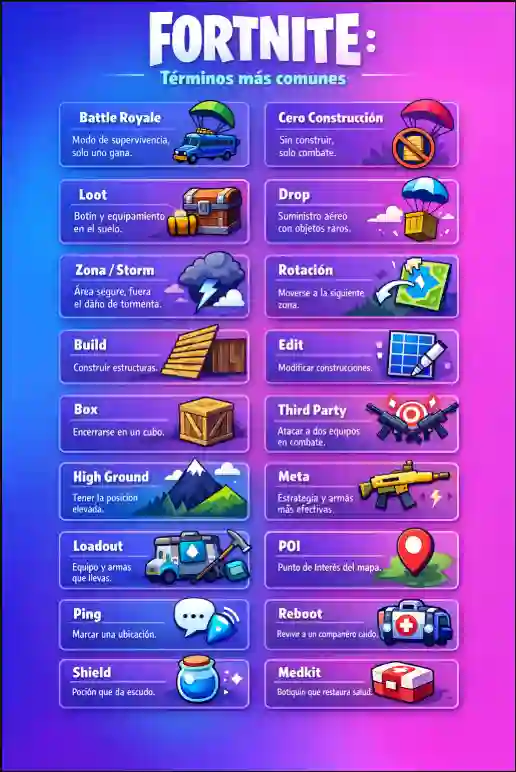 Infografía de Fortnite con los términos más comunes y sus definiciones ilustradas (Loot, Drop, Storm, Build, Edit, etc.).