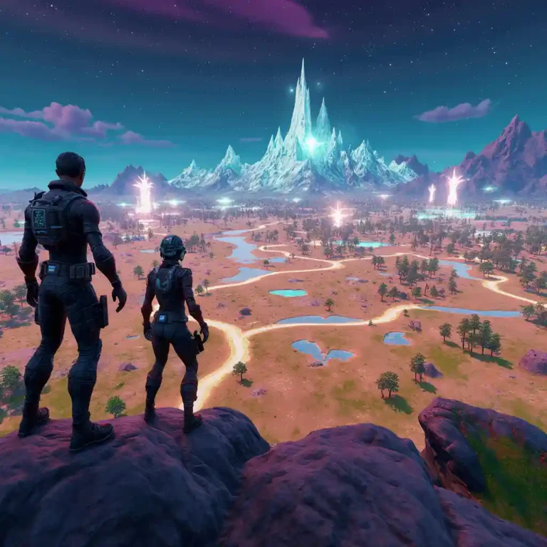 Ilustración de Fortnite Capítulo 7 con mapa futurista y personajes mostrando la hoja de ruta de actualizaciones para 2026.