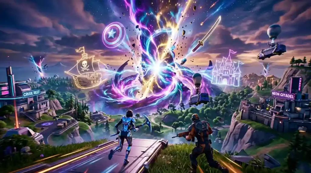 Un renderizado 3D cinematográfico de un paisaje futurista de Fortnite con un portal de grieta púrpura gigante que revela siluetas de los temas de las próximas colaboraciones de 2026.